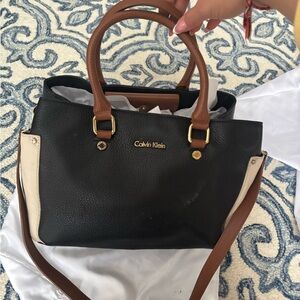 Calvin Klein Black Satchel with Brown Handles and Cream Side Panels